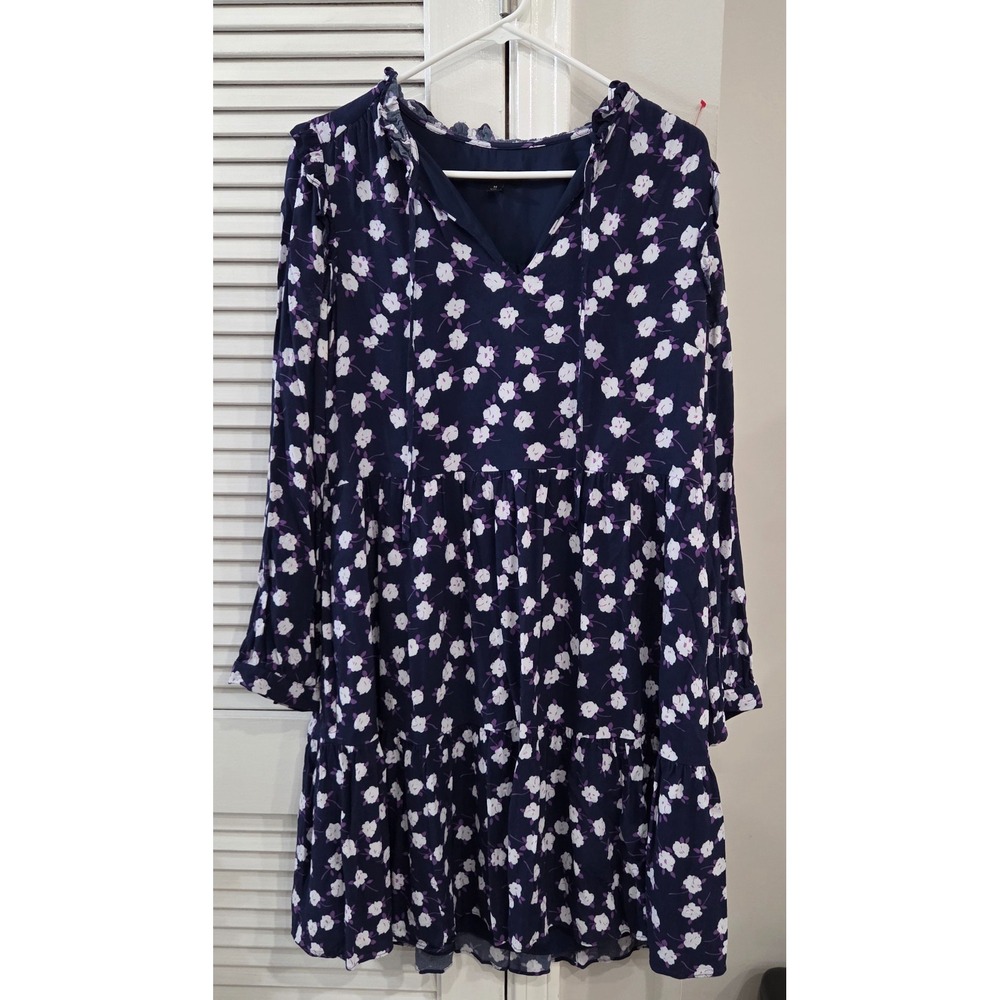 J.Crew Navy Blue/White/Purple Tie-Neck Tiered Dress Scattered Peony Print Medium
